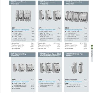 Industrial control circuit protection catalog page with breakers